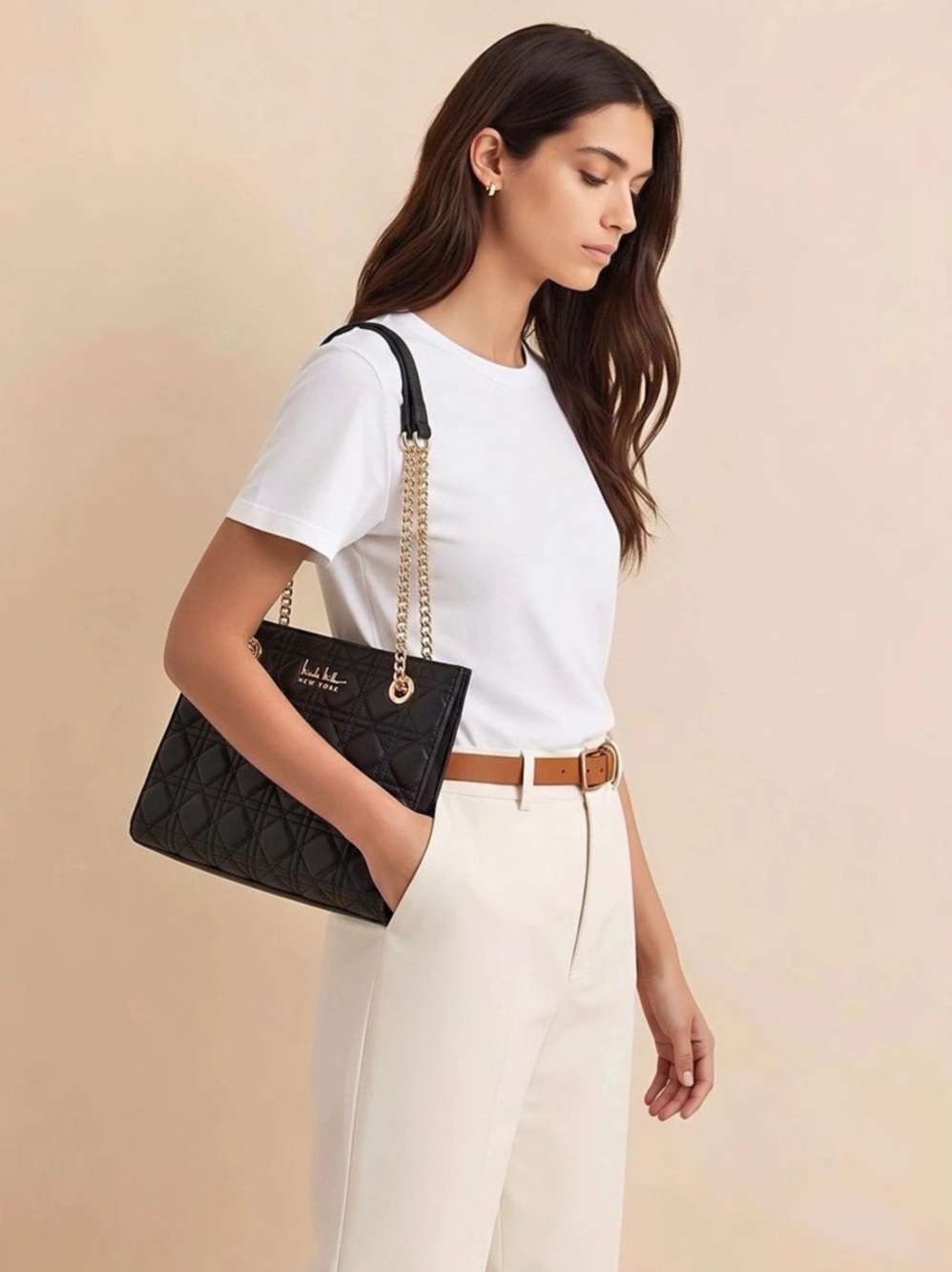 Nicole Miller New York Black Quilted Zip Tote Shoulder Bag Gold Chain Straps